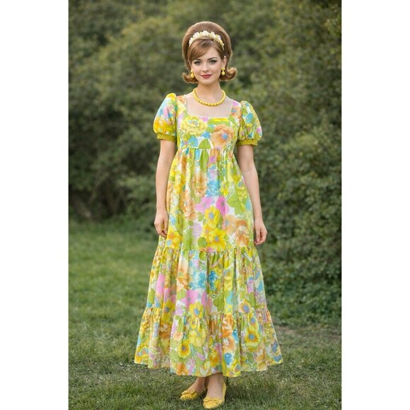 Vintage Dresses & Skirts - Vintage 1960s Womens Maxi Dress Sz Small Medium Boho Floral Puff Sleeve Tiered